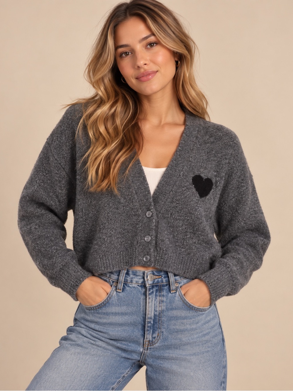 Molly Bracken Gray Heart Button Front Cardigan Size L